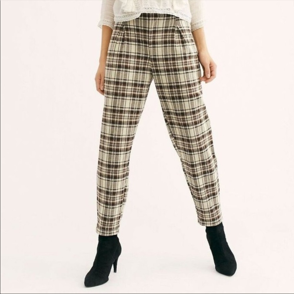 Free People Plaid Ankle Pants in Cream and Brown